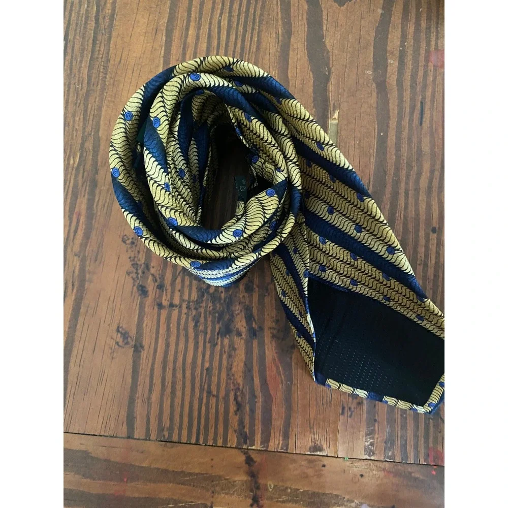 Irvine Park Mens Silk Necktie Navy Blue Gold Diagonal Stripe Swirl‎ Dot Handmade